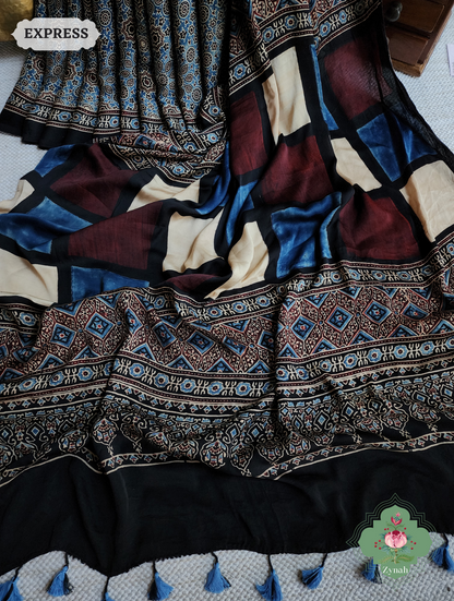 Black Ajrakh Modal Silk Saree, Crafted Using The Traditional Method Of Hand Block Printing Using 100% Natural Dyes