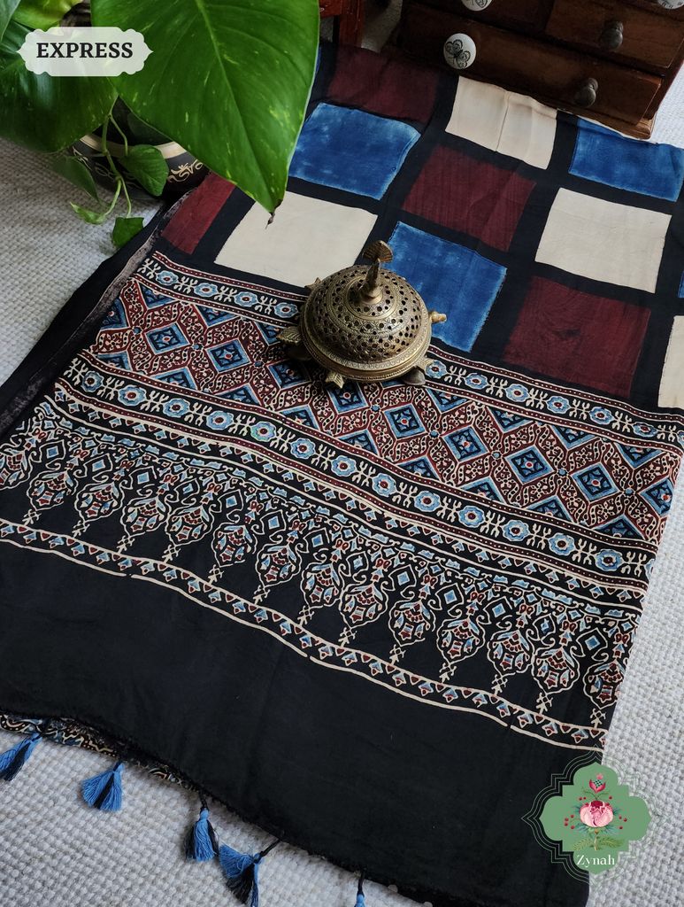 Black Ajrakh Modal Silk Saree, Crafted Using The Traditional Method Of Hand Block Printing Using 100% Natural Dyes
