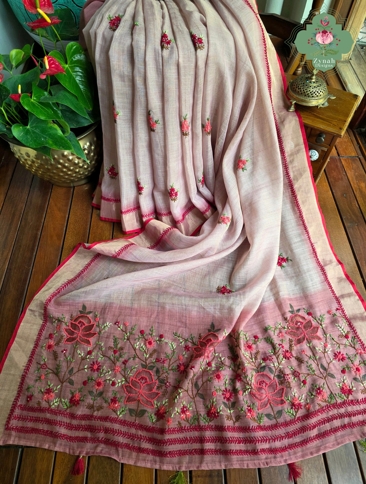 Aarika | Hand Painted Dusty Pink Linen Tissue Saree With Hand Embroidery