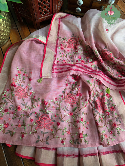 Aarika | Hand Painted Dusty Pink Linen Tissue Saree With Hand Embroidery
