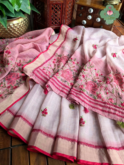 Aarika | Hand Painted Dusty Pink Linen Tissue Saree With Hand Embroidery