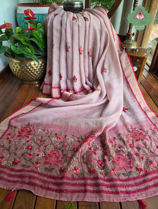 Aarika | Hand Painted Dusty Pink Linen Tissue Saree With Hand Embroidery