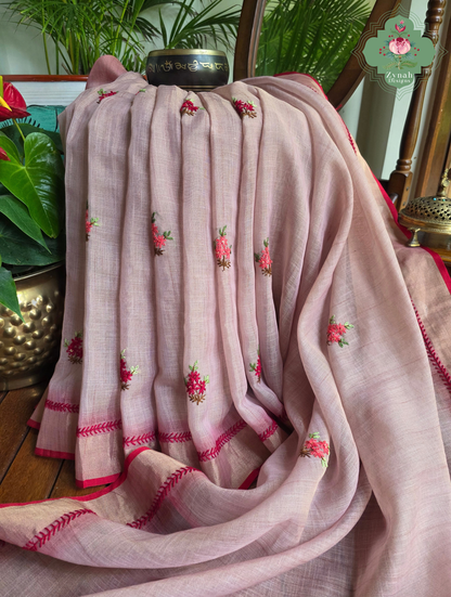 Aarika | Hand Painted Dusty Pink Linen Tissue Saree With Hand Embroidery