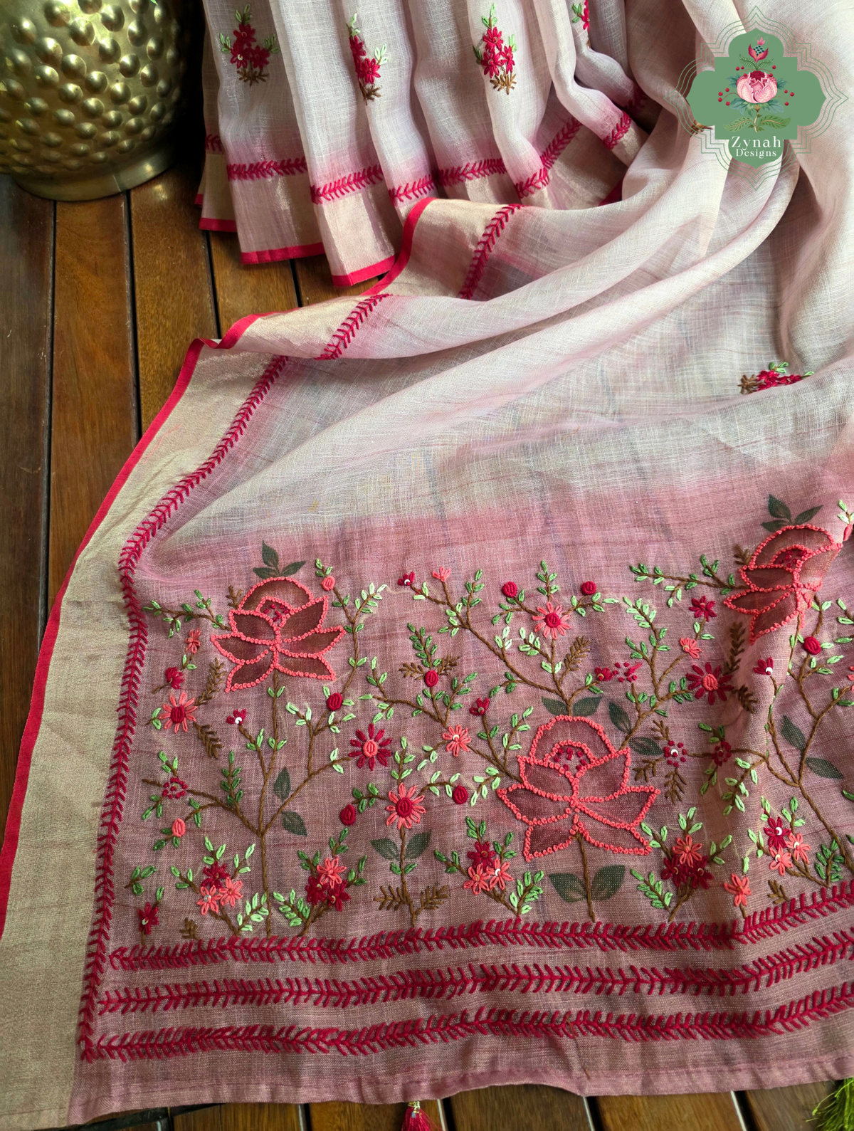 Aarika | Hand Painted Dusty Pink Linen Tissue Saree With Hand Embroidery