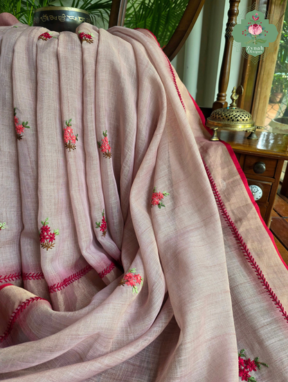 Aarika | Hand Painted Dusty Pink Linen Tissue Saree With Hand Embroidery