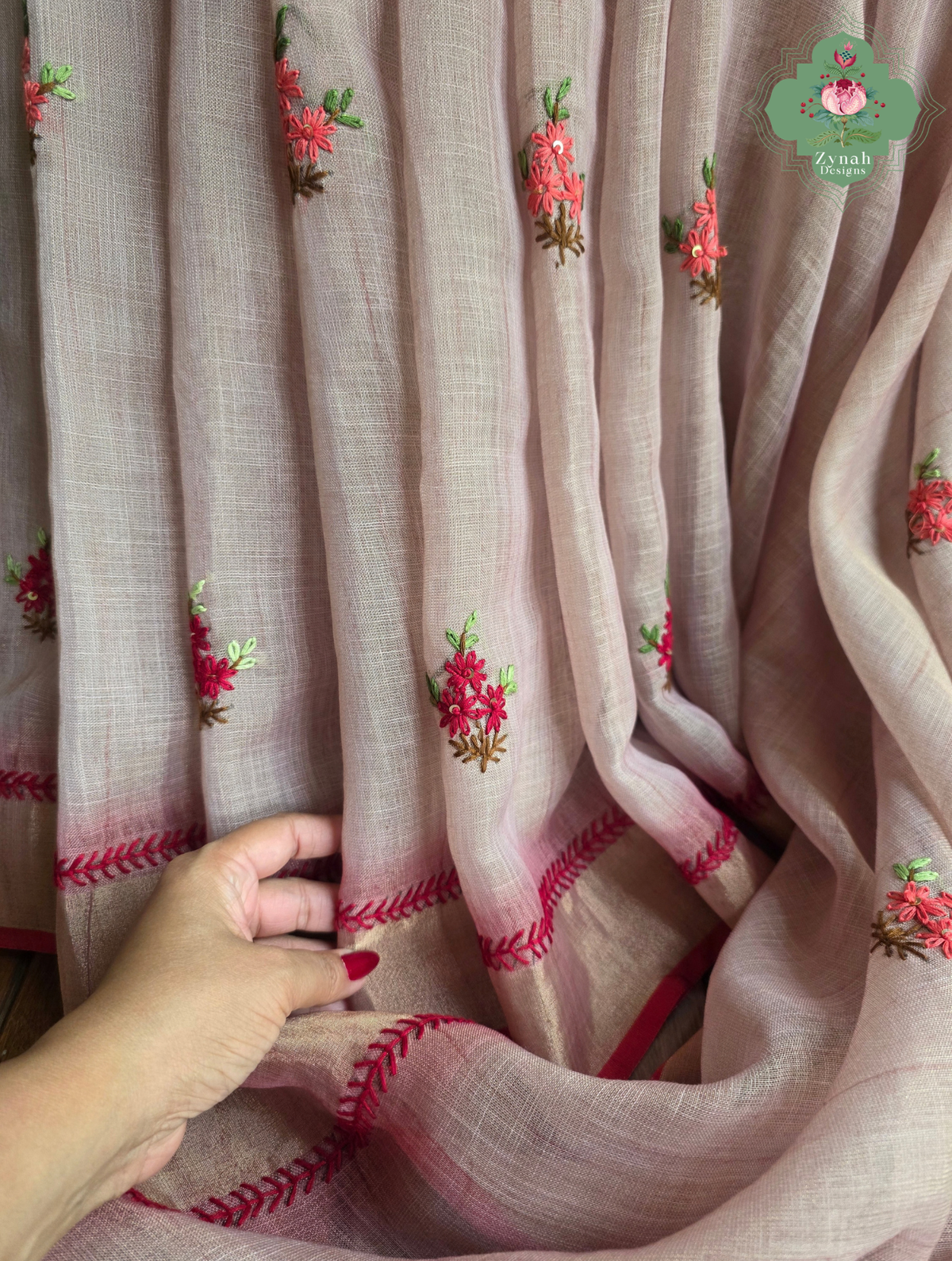 Aarika | Hand Painted Dusty Pink Linen Tissue Saree With Hand Embroidery