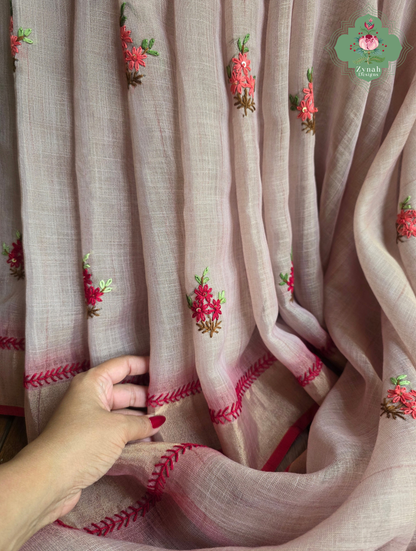 Aarika | Hand Painted Dusty Pink Linen Tissue Saree With Hand Embroidery
