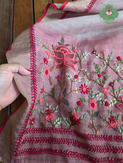 Aarika | Hand Painted Dusty Pink Linen Tissue Saree With Hand Embroidery