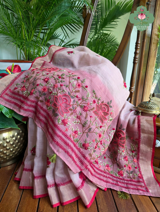 Aarika | Hand Painted Dusty Pink Linen Tissue Saree With Hand Embroidery