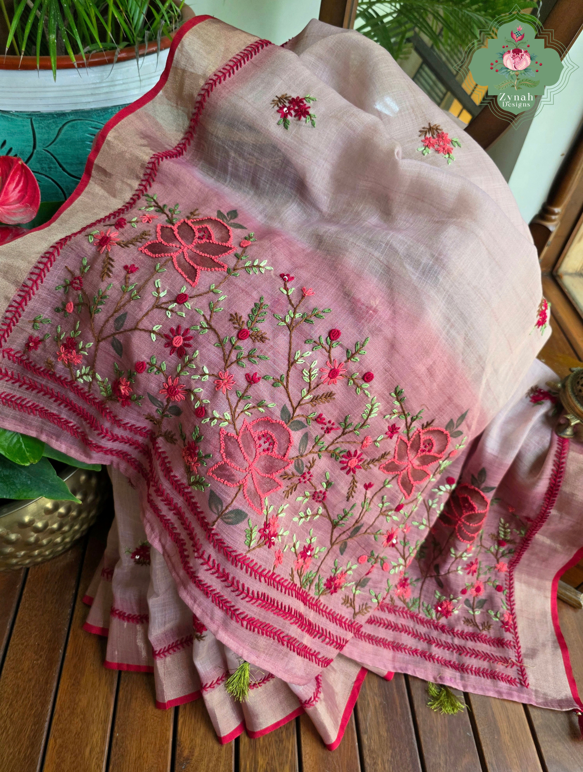 Aarika | Hand Painted Dusty Pink Linen Tissue Saree With Hand Embroidery