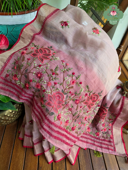Aarika | Hand Painted Dusty Pink Linen Tissue Saree With Hand Embroidery