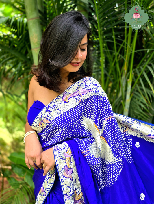 Aarzoo | Royal Blue Pure Crepe Silk Hand Embroidred Parsi Gara Saree With Designer Crane Motifs