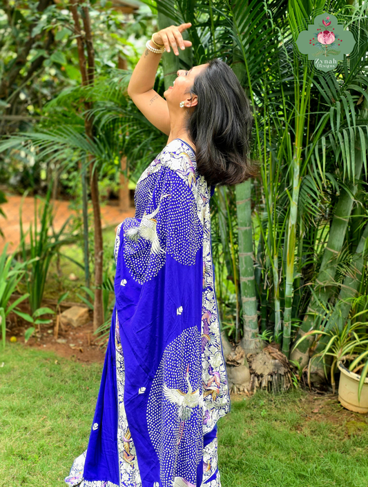 Aarzoo | Royal Blue Pure Crepe Silk Hand Embroidred Parsi Gara Saree With Designer Crane Motifs