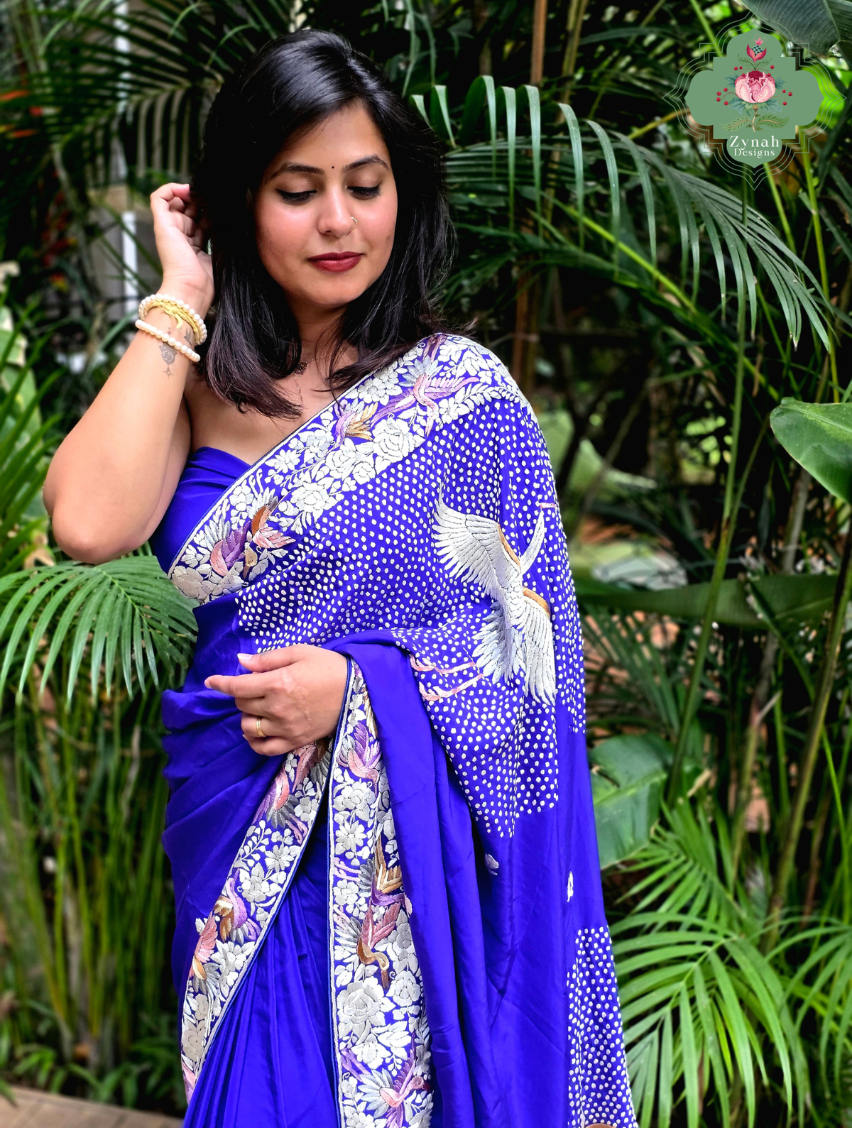 Aarzoo | Royal Blue Pure Crepe Silk Hand Embroidred Parsi Gara Saree With Designer Crane Motifs | Made To Order