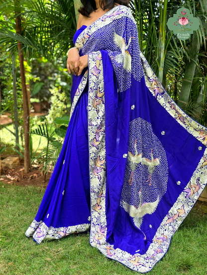 Aarzoo | Royal Blue Pure Crepe Silk Hand Embroidred Parsi Gara Saree With Designer Crane Motifs | Made To Order