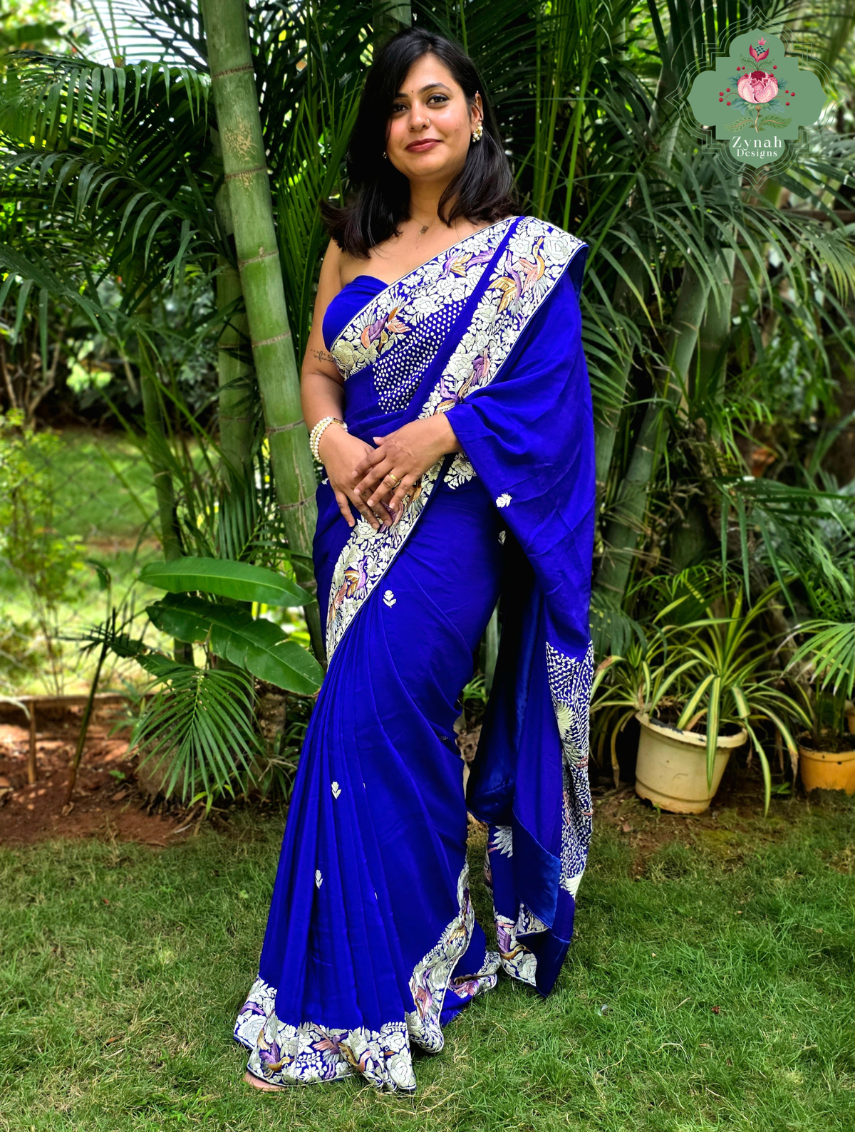 Aarzoo | Royal Blue Pure Crepe Silk Hand Embroidred Parsi Gara Saree With Designer Crane Motifs | Made To Order
