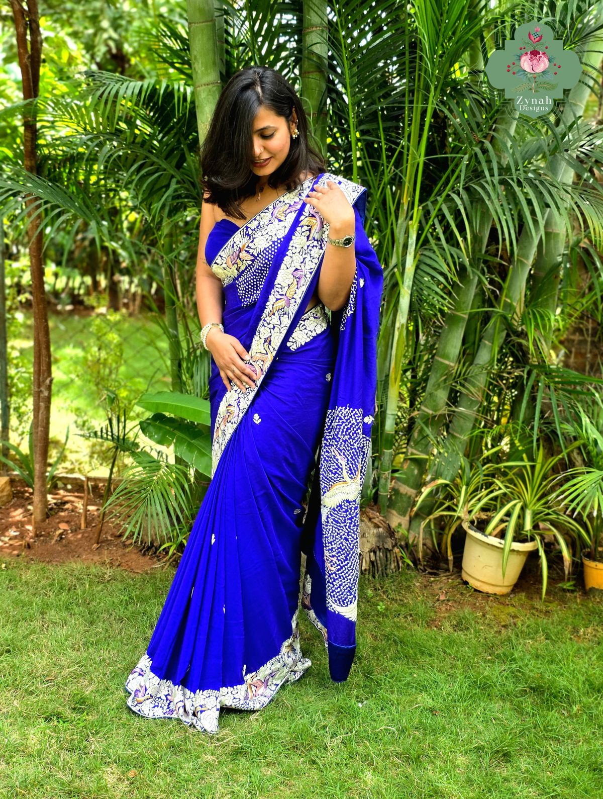Aarzoo | Royal Blue Pure Crepe Silk Hand Embroidred Parsi Gara Saree With Designer Crane Motifs | Made To Order
