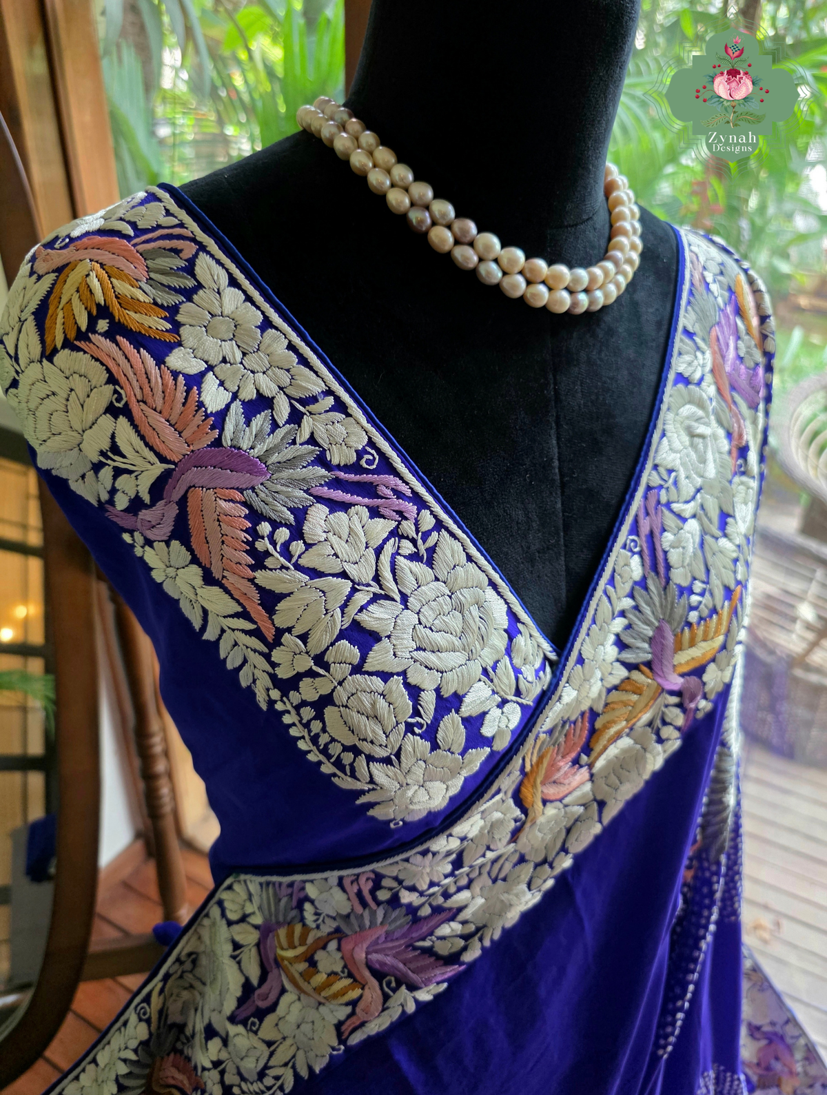Aarzoo | Royal Blue Pure Crepe Silk Hand Embroidred Parsi Gara Saree With Designer Crane Motifs | Made To Order