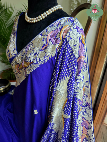 Aarzoo | Royal Blue Pure Crepe Silk Hand Embroidred Parsi Gara Saree With Designer Crane Motifs | Made To Order