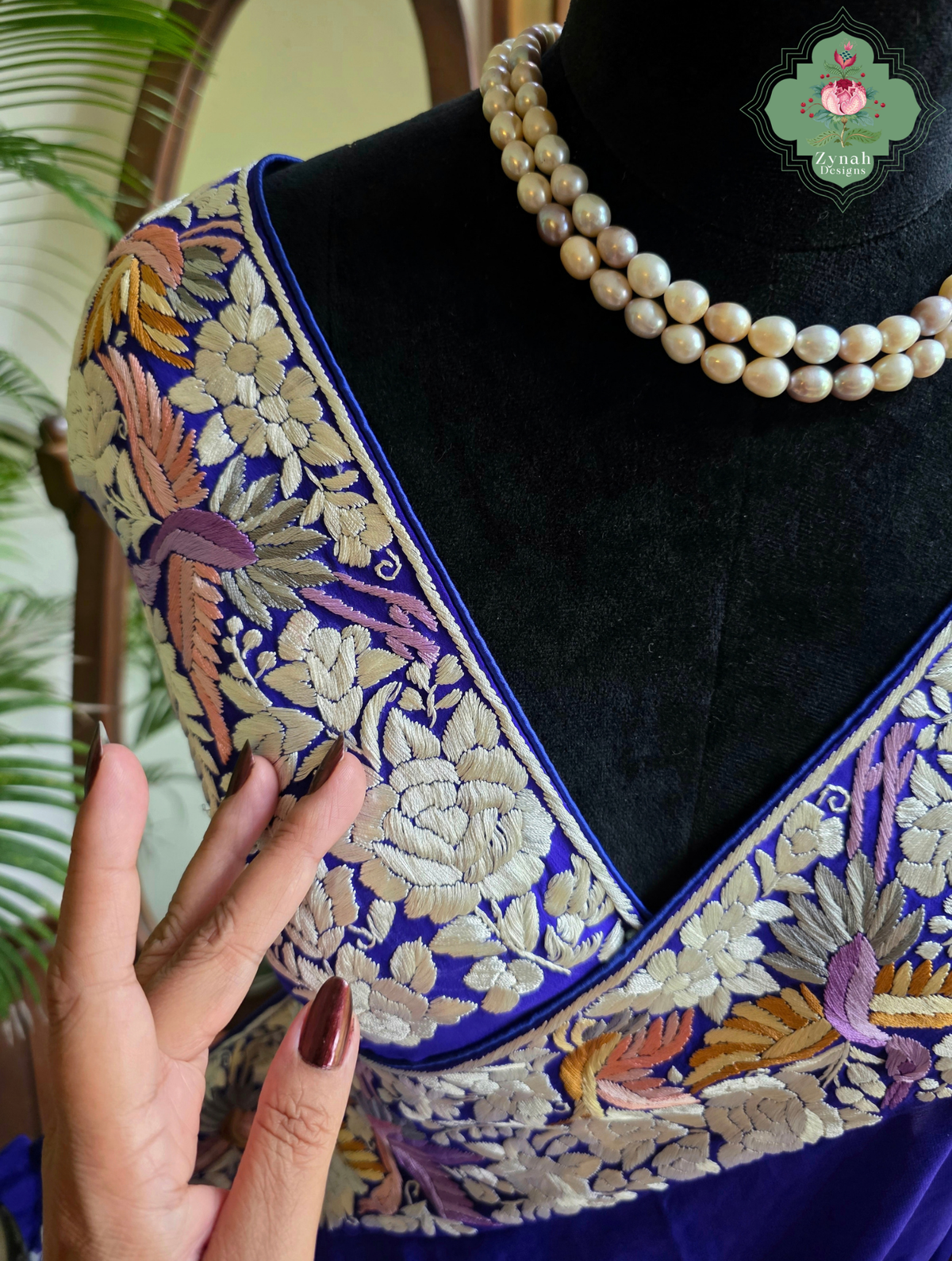 Aarzoo | Royal Blue Pure Crepe Silk Hand Embroidred Parsi Gara Saree With Designer Crane Motifs | Made To Order
