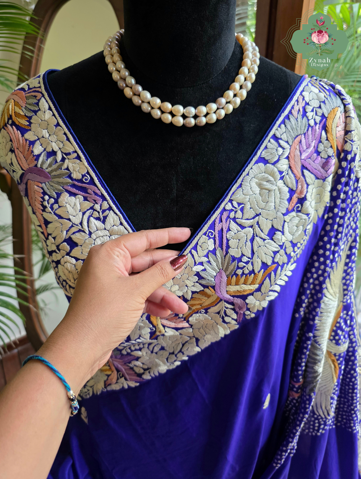 Aarzoo | Royal Blue Pure Crepe Silk Hand Embroidred Parsi Gara Saree With Designer Crane Motifs | Made To Order