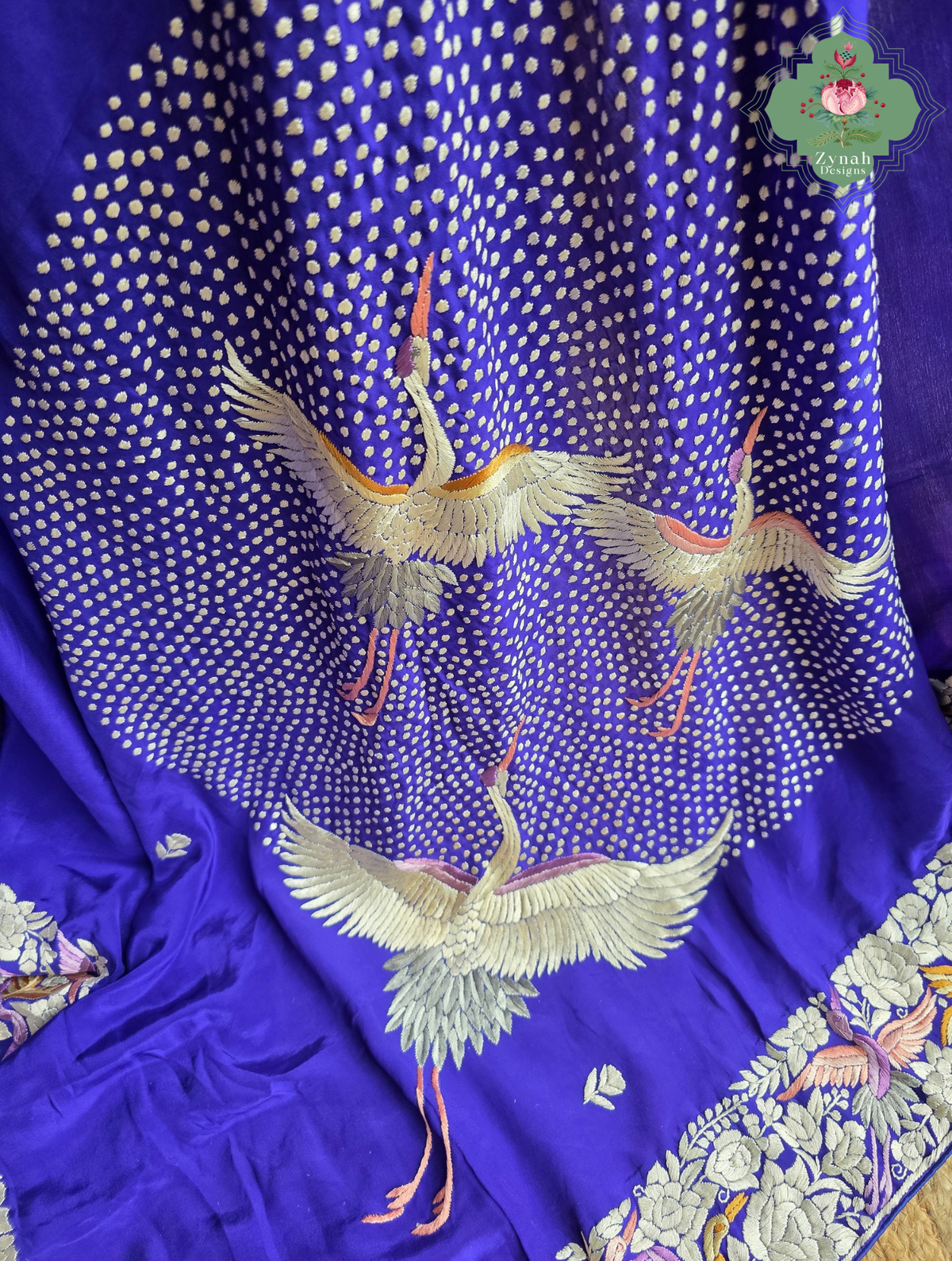 Aarzoo | Royal Blue Pure Crepe Silk Hand Embroidred Parsi Gara Saree With Designer Crane Motifs | Made To Order