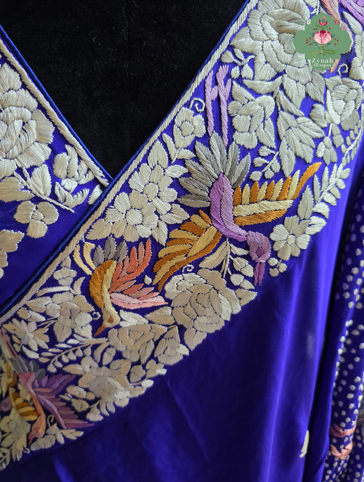 Aarzoo | Royal Blue Pure Crepe Silk Hand Embroidred Parsi Gara Saree With Designer Crane Motifs | Made To Order
