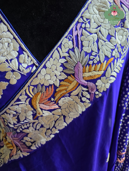 Aarzoo | Royal Blue Pure Crepe Silk Hand Embroidred Parsi Gara Saree With Designer Crane Motifs | Made To Order