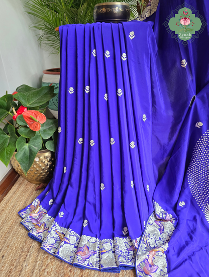 Aarzoo | Royal Blue Pure Crepe Silk Hand Embroidred Parsi Gara Saree With Designer Crane Motifs | Made To Order
