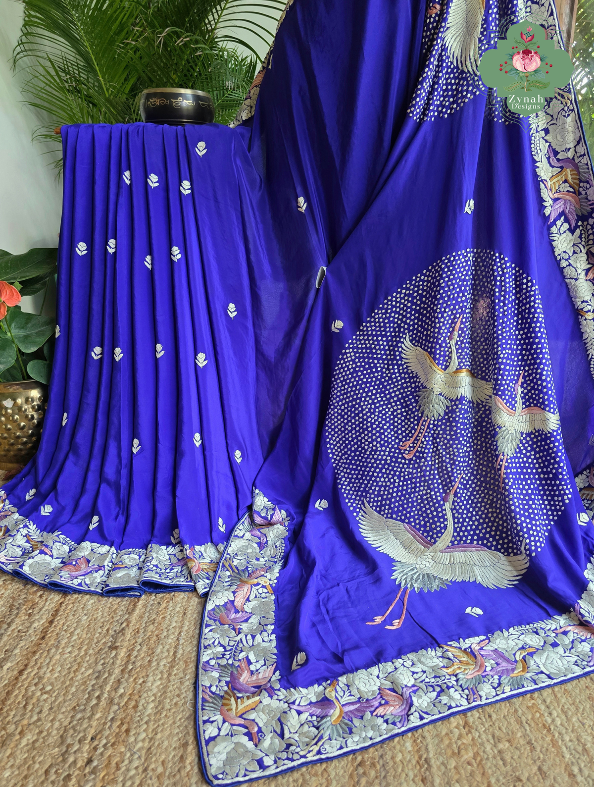 Aarzoo | Royal Blue Pure Crepe Silk Hand Embroidred Parsi Gara Saree With Designer Crane Motifs | Made To Order