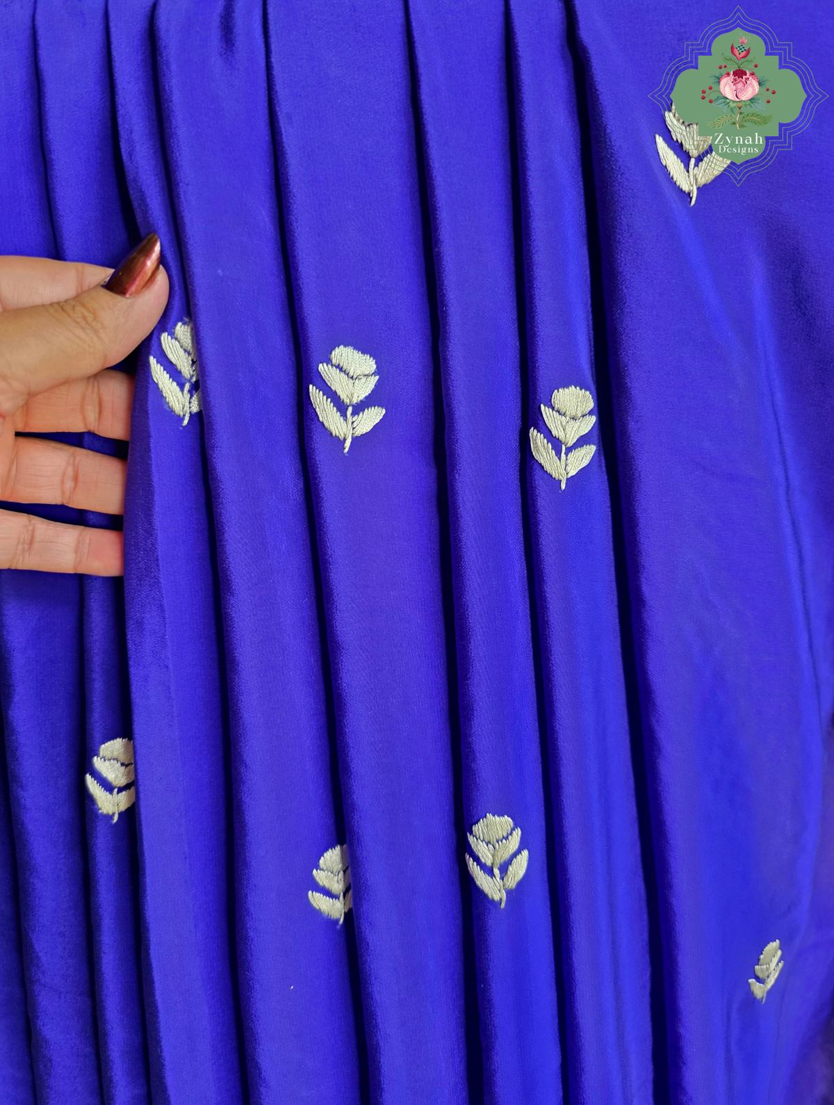 Aarzoo | Royal Blue Pure Crepe Silk Hand Embroidred Parsi Gara Saree With Designer Crane Motifs | Made To Order