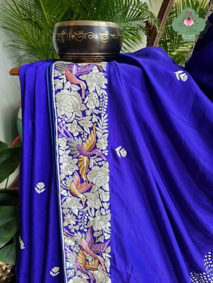 Aarzoo | Royal Blue Pure Crepe Silk Hand Embroidred Parsi Gara Saree With Designer Crane Motifs | Made To Order