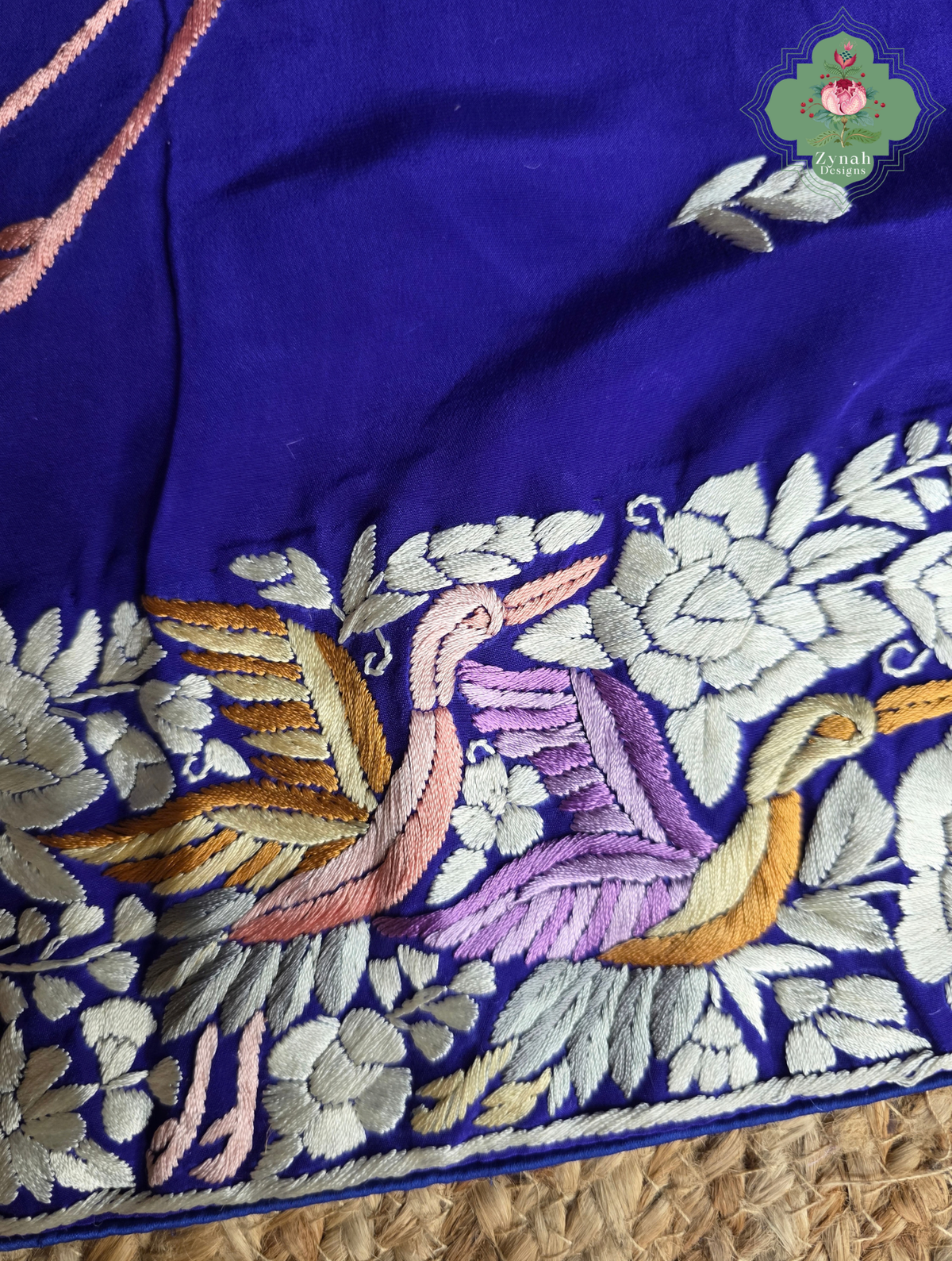 Aarzoo | Royal Blue Pure Crepe Silk Hand Embroidred Parsi Gara Saree With Designer Crane Motifs | Made To Order