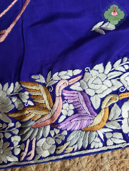 Aarzoo | Royal Blue Pure Crepe Silk Hand Embroidred Parsi Gara Saree With Designer Crane Motifs | Made To Order