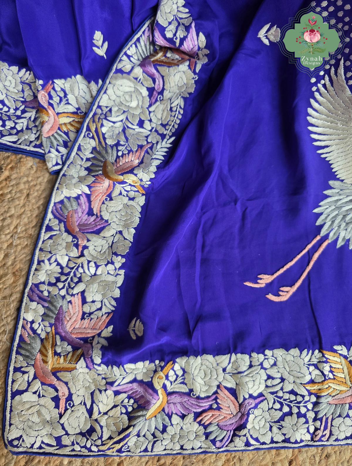 Aarzoo | Royal Blue Pure Crepe Silk Hand Embroidred Parsi Gara Saree With Designer Crane Motifs | Made To Order
