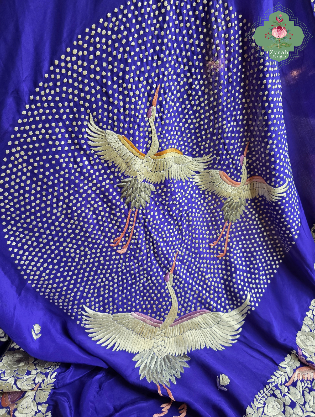 Aarzoo | Royal Blue Pure Crepe Silk Hand Embroidred Parsi Gara Saree With Designer Crane Motifs | Made To Order