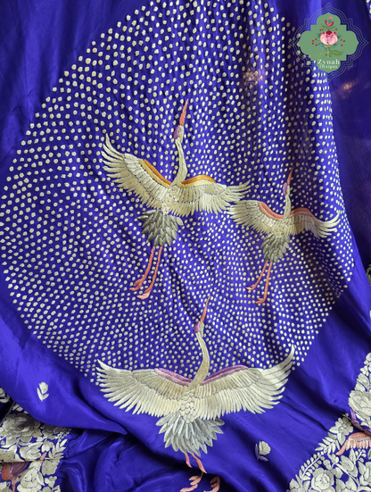 Aarzoo | Royal Blue Pure Crepe Silk Hand Embroidred Parsi Gara Saree With Designer Crane Motifs | Made To Order