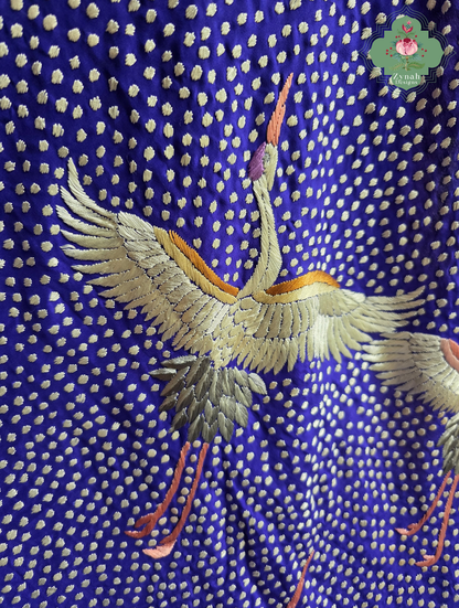 Aarzoo | Royal Blue Pure Crepe Silk Hand Embroidred Parsi Gara Saree With Designer Crane Motifs | Made To Order