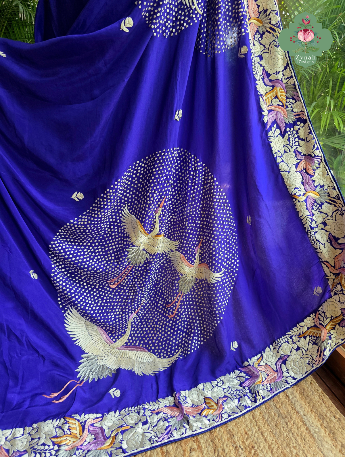 Aarzoo | Royal Blue Pure Crepe Silk Hand Embroidred Parsi Gara Saree With Designer Crane Motifs | Made To Order