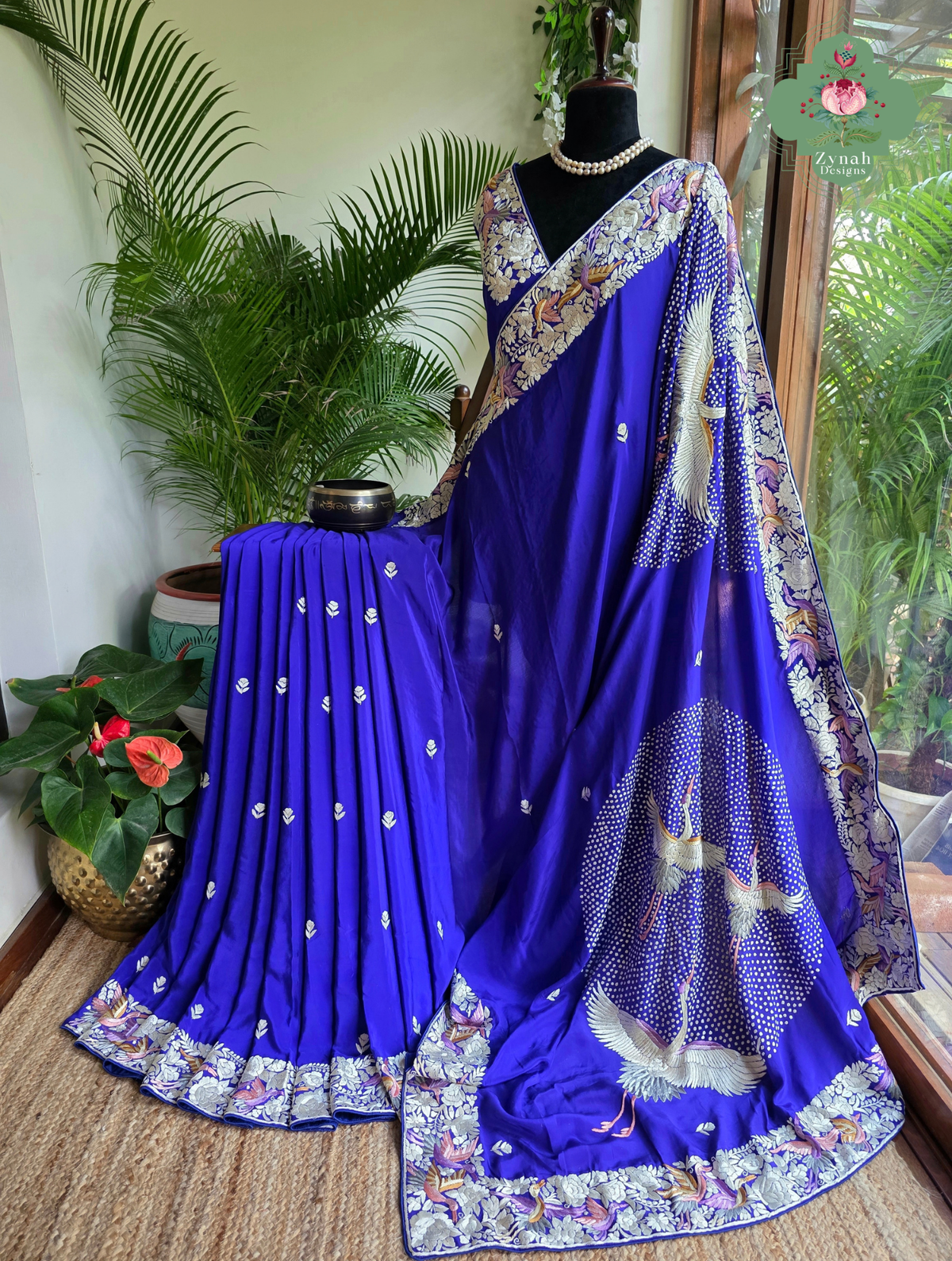 Aarzoo | Royal Blue Pure Crepe Silk Hand Embroidred Parsi Gara Saree With Designer Crane Motifs | Made To Order
