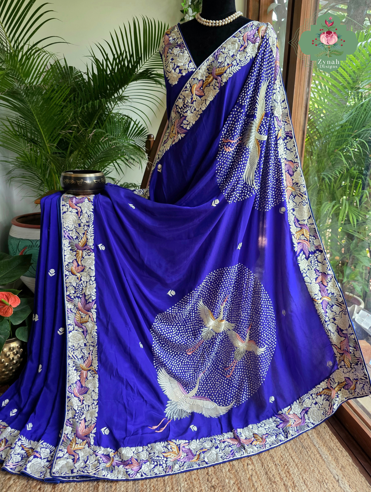 Aarzoo | Royal Blue Pure Crepe Silk Hand Embroidred Parsi Gara Saree With Designer Crane Motifs | Made To Order
