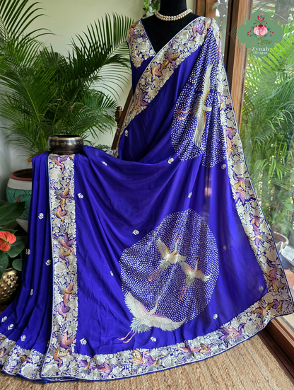 Aarzoo | Royal Blue Pure Crepe Silk Hand Embroidred Parsi Gara Saree With Designer Crane Motifs | Made To Order