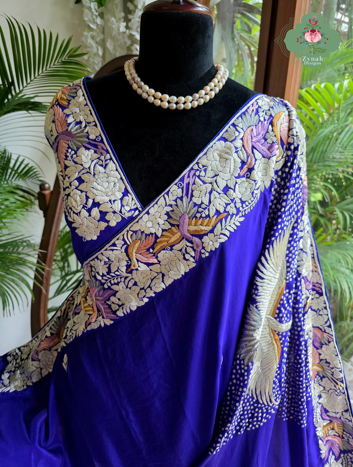 Aarzoo | Royal Blue Pure Crepe Silk Hand Embroidred Parsi Gara Saree With Designer Crane Motifs | Made To Order