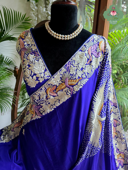 Aarzoo | Royal Blue Pure Crepe Silk Hand Embroidred Parsi Gara Saree With Designer Crane Motifs | Made To Order