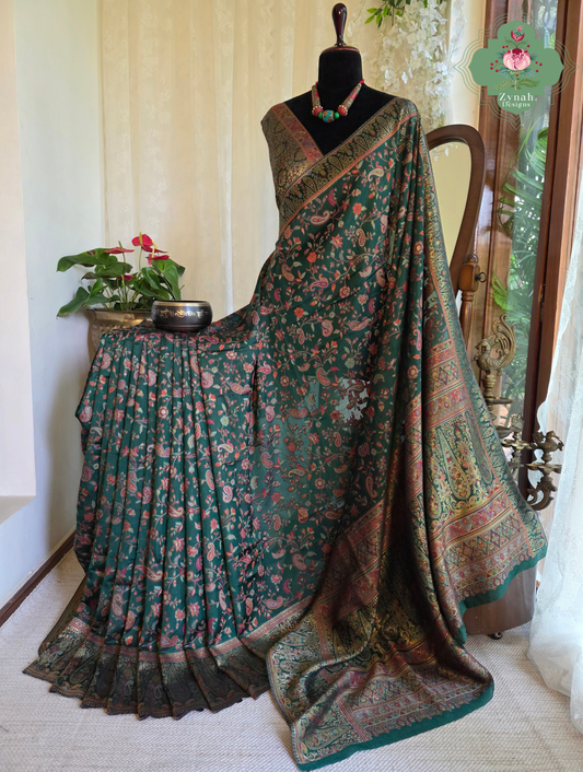 Aiza | Green Kashmiri Pure Kani Silk Jamavar Weave Saree | Made To Order