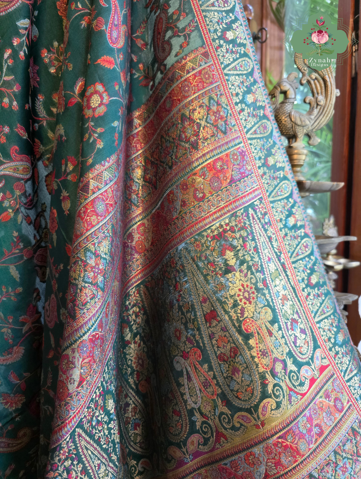 Aiza | Green Kashmiri Pure Kani Silk Jamavar Weave Saree | Made To Order