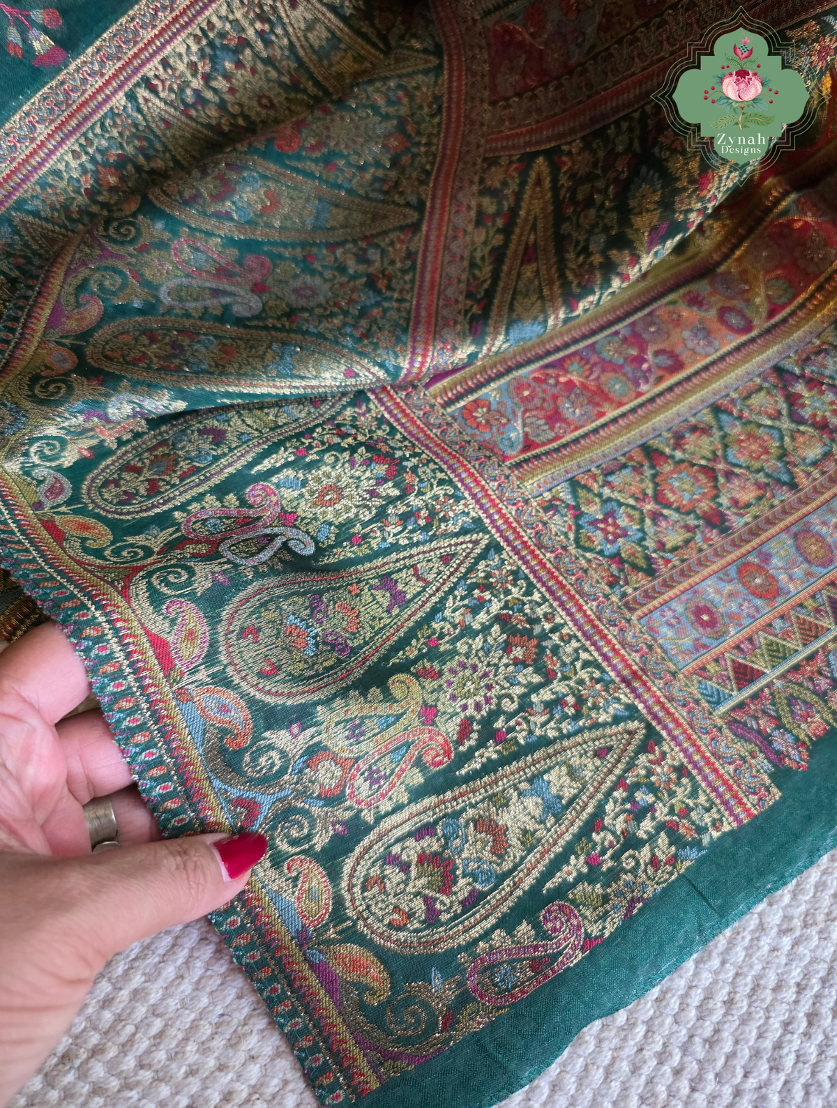 Aiza | Green Kashmiri Pure Kani Silk Jamavar Weave Saree | Made To Order