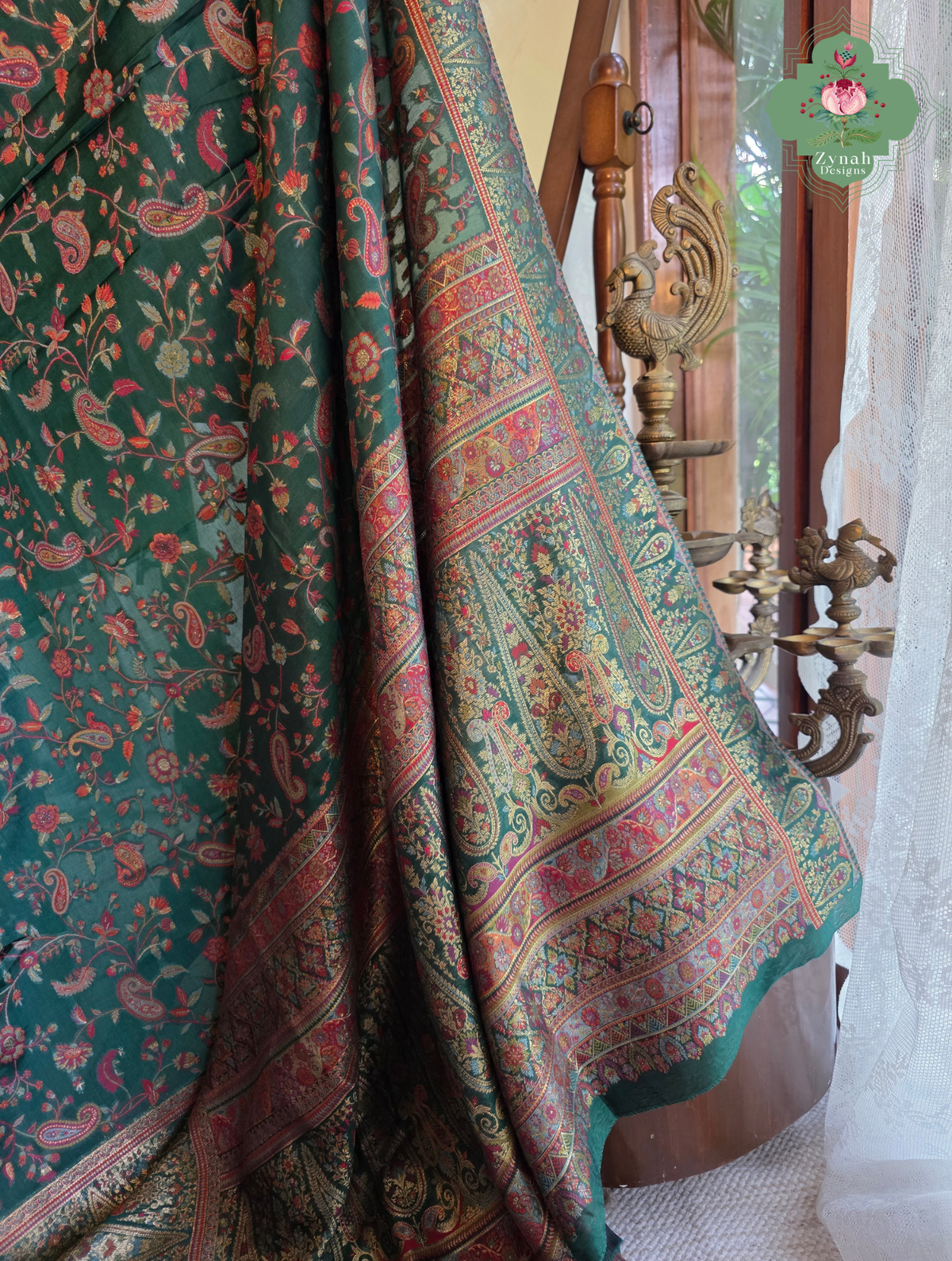 Aiza | Green Kashmiri Pure Kani Silk Jamavar Weave Saree | Made To Order