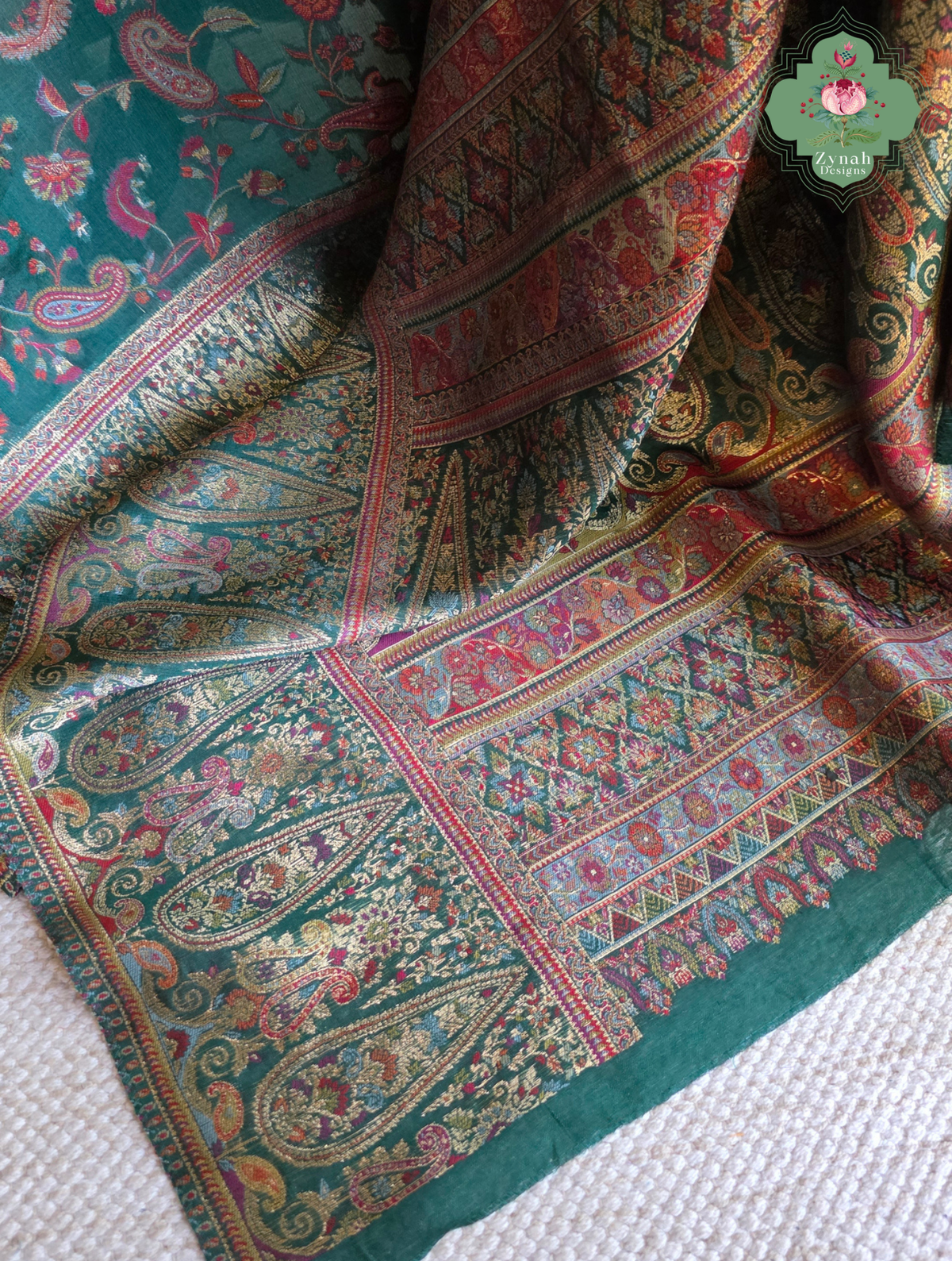 Aiza | Green Kashmiri Pure Kani Silk Jamavar Weave Saree | Made To Order