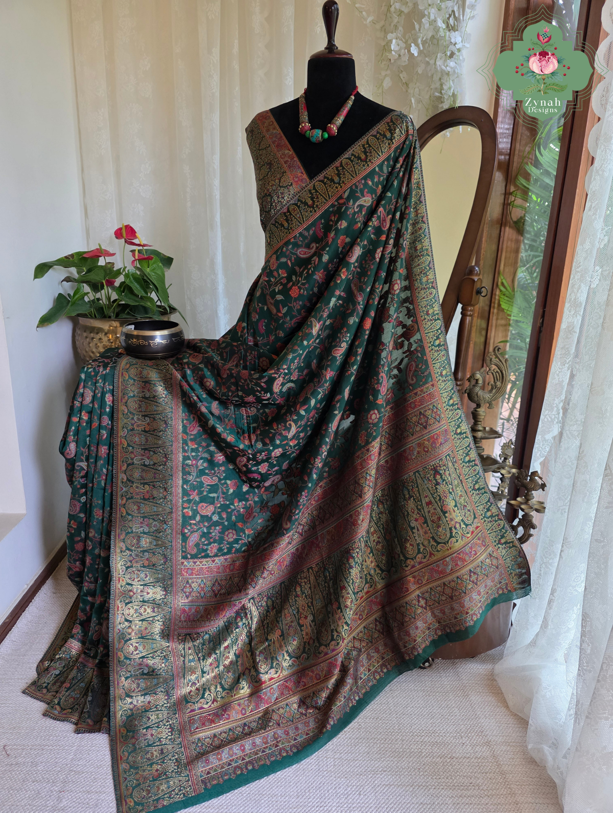 Aiza | Green Kashmiri Pure Kani Silk Jamavar Weave Saree | Made To Order